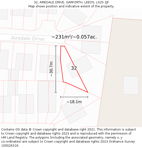 32, AIREDALE DRIVE, GARFORTH, LEEDS, LS25 2JF: Plot and title map