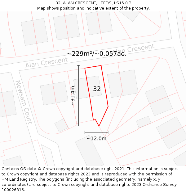 32, ALAN CRESCENT, LEEDS, LS15 0JB: Plot and title map