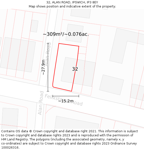 32, ALAN ROAD, IPSWICH, IP3 8EY: Plot and title map
