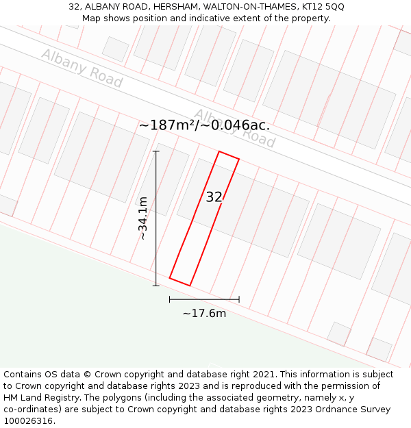 32, ALBANY ROAD, HERSHAM, WALTON-ON-THAMES, KT12 5QQ: Plot and title map