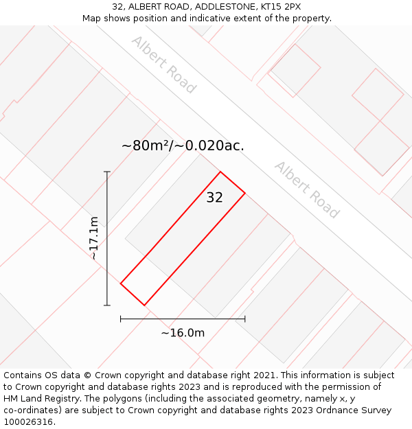 32, ALBERT ROAD, ADDLESTONE, KT15 2PX: Plot and title map