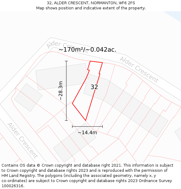 32, ALDER CRESCENT, NORMANTON, WF6 2FS: Plot and title map