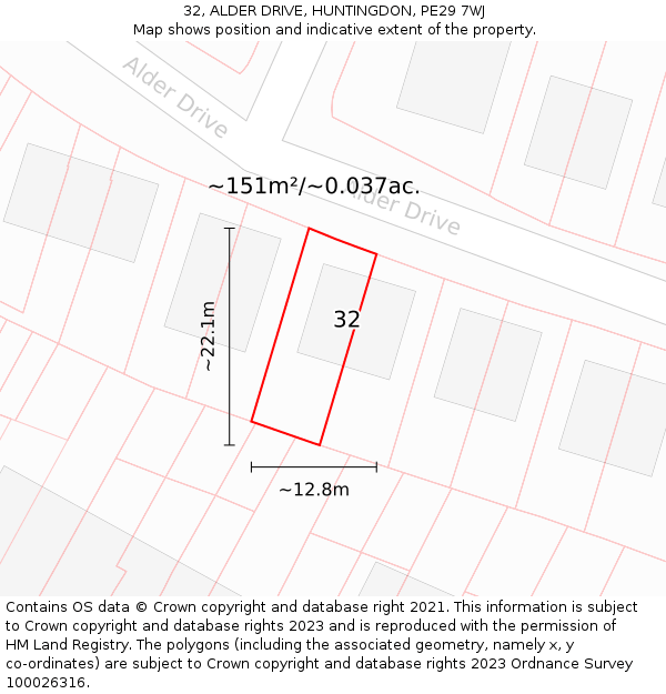 32, ALDER DRIVE, HUNTINGDON, PE29 7WJ: Plot and title map