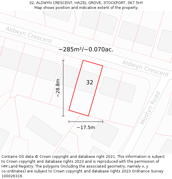 32, ALDWYN CRESCENT, HAZEL GROVE, STOCKPORT, SK7 5HY: Plot and title map