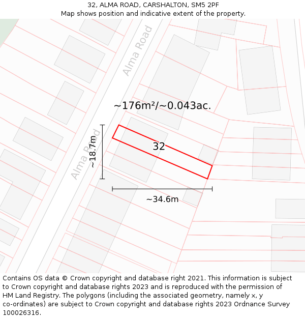 32, ALMA ROAD, CARSHALTON, SM5 2PF: Plot and title map