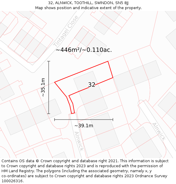 32, ALNWICK, TOOTHILL, SWINDON, SN5 8JJ: Plot and title map