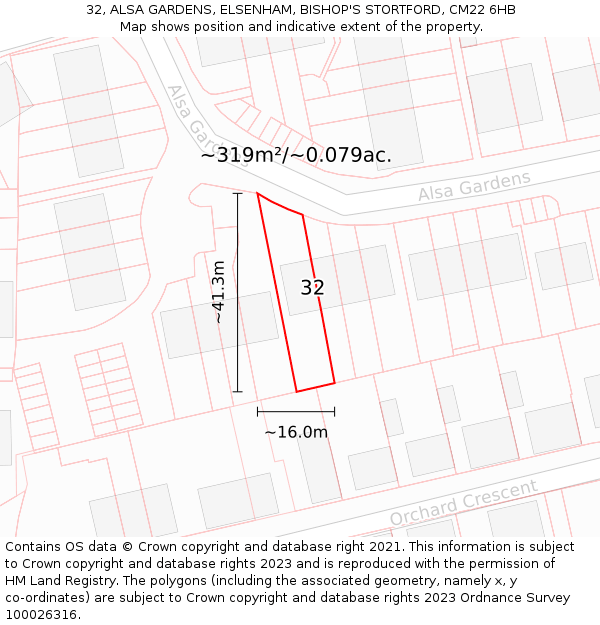 32, ALSA GARDENS, ELSENHAM, BISHOP'S STORTFORD, CM22 6HB: Plot and title map