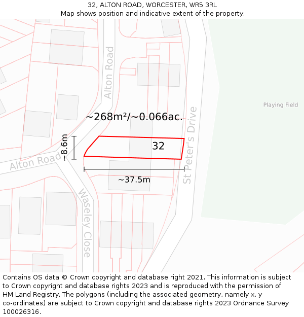 32, ALTON ROAD, WORCESTER, WR5 3RL: Plot and title map