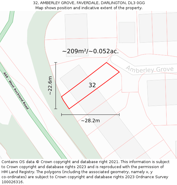 32, AMBERLEY GROVE, FAVERDALE, DARLINGTON, DL3 0GG: Plot and title map