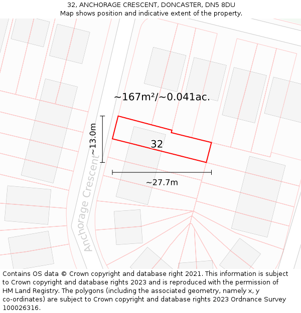 32, ANCHORAGE CRESCENT, DONCASTER, DN5 8DU: Plot and title map