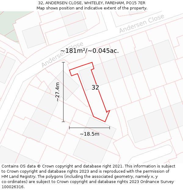 32, ANDERSEN CLOSE, WHITELEY, FAREHAM, PO15 7ER: Plot and title map