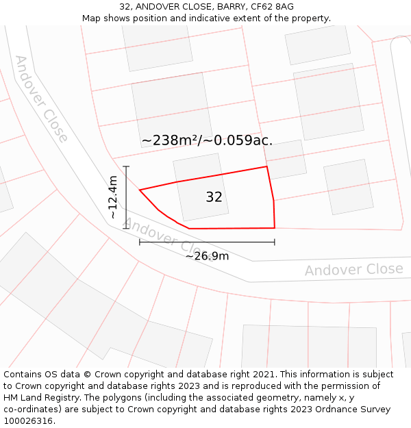 32, ANDOVER CLOSE, BARRY, CF62 8AG: Plot and title map
