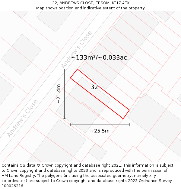 32, ANDREWS CLOSE, EPSOM, KT17 4EX: Plot and title map