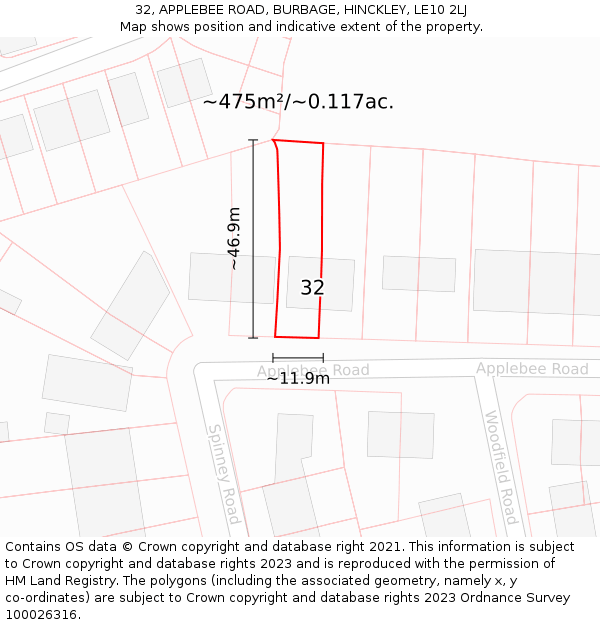 32, APPLEBEE ROAD, BURBAGE, HINCKLEY, LE10 2LJ: Plot and title map