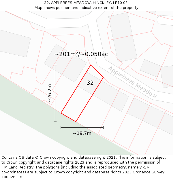 32, APPLEBEES MEADOW, HINCKLEY, LE10 0FL: Plot and title map