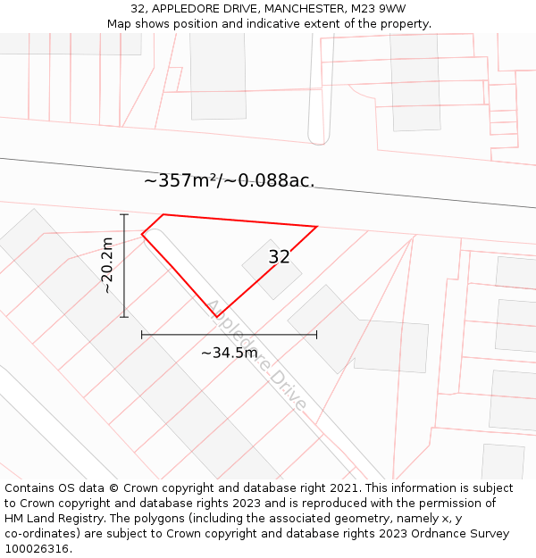 32, APPLEDORE DRIVE, MANCHESTER, M23 9WW: Plot and title map