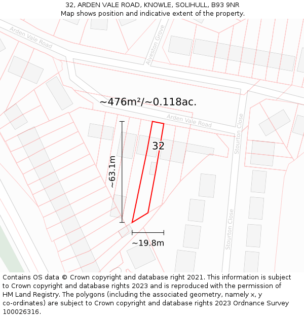 32, ARDEN VALE ROAD, KNOWLE, SOLIHULL, B93 9NR: Plot and title map