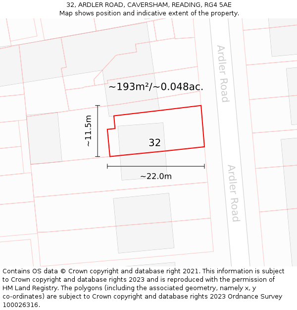 32, ARDLER ROAD, CAVERSHAM, READING, RG4 5AE: Plot and title map