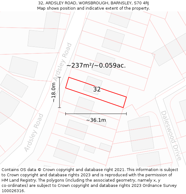 32, ARDSLEY ROAD, WORSBROUGH, BARNSLEY, S70 4RJ: Plot and title map