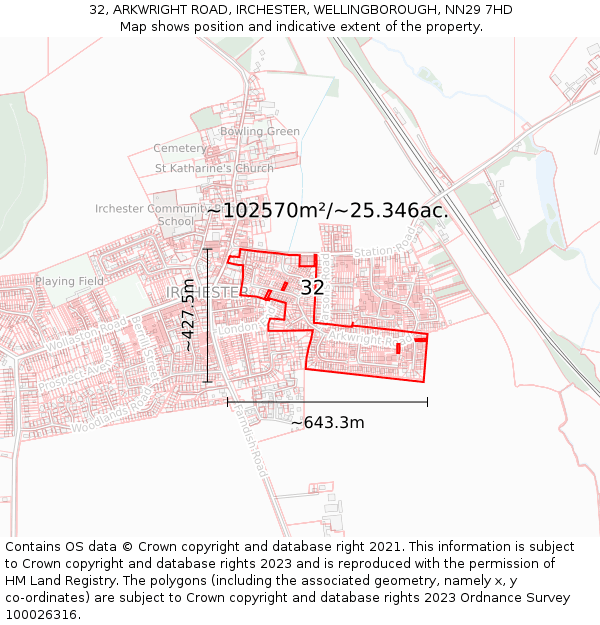 32, ARKWRIGHT ROAD, IRCHESTER, WELLINGBOROUGH, NN29 7HD: Plot and title map