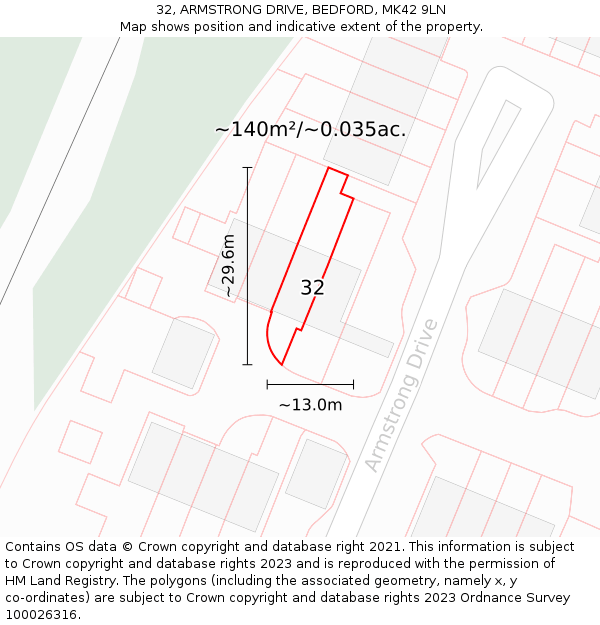 32, ARMSTRONG DRIVE, BEDFORD, MK42 9LN: Plot and title map