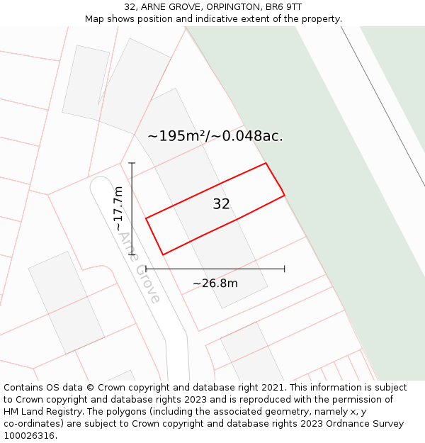 32, ARNE GROVE, ORPINGTON, BR6 9TT: Plot and title map