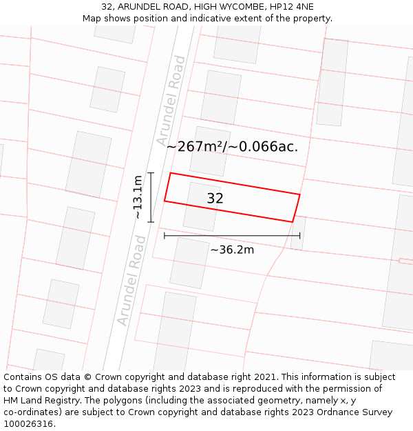 32, ARUNDEL ROAD, HIGH WYCOMBE, HP12 4NE: Plot and title map