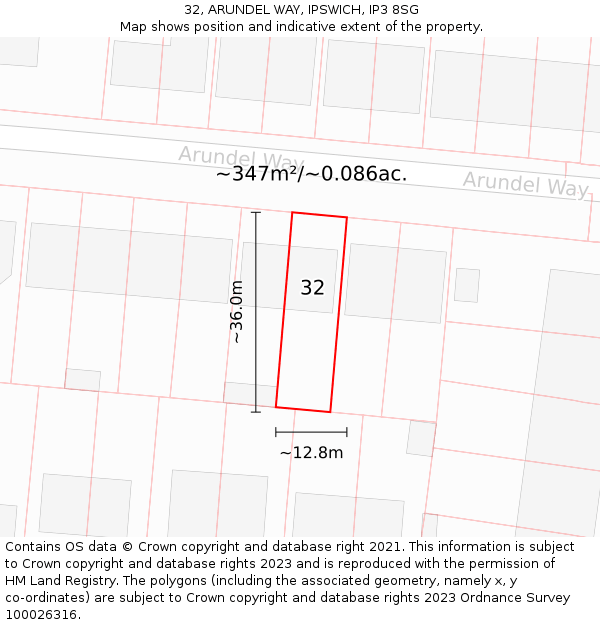32, ARUNDEL WAY, IPSWICH, IP3 8SG: Plot and title map