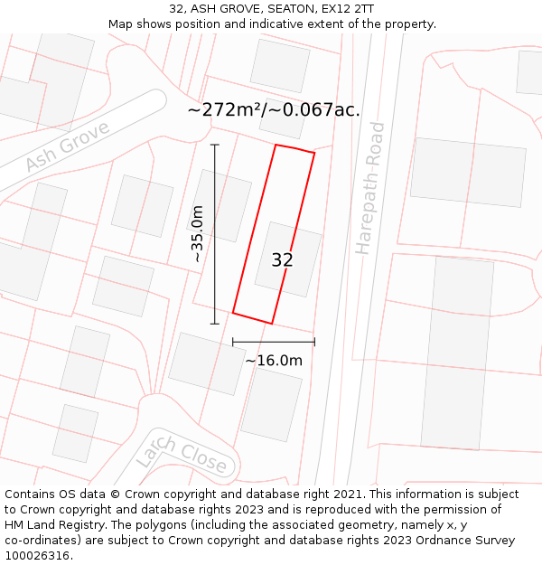 32, ASH GROVE, SEATON, EX12 2TT: Plot and title map