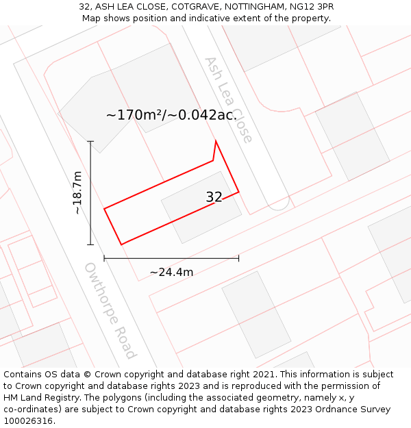 32, ASH LEA CLOSE, COTGRAVE, NOTTINGHAM, NG12 3PR: Plot and title map
