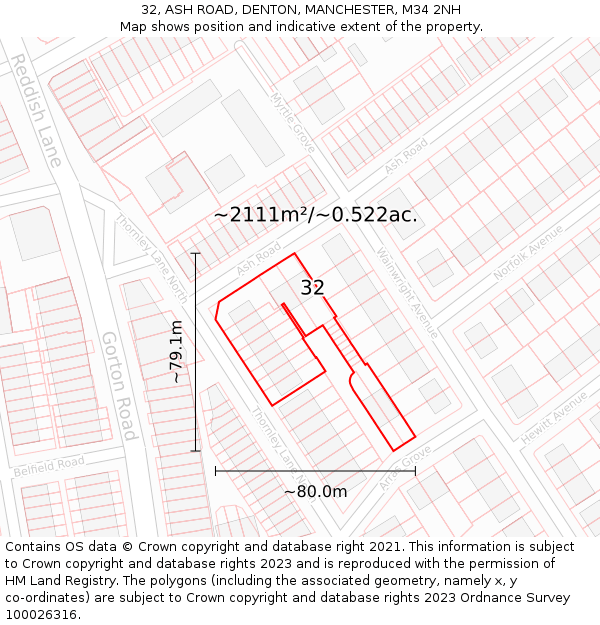 32, ASH ROAD, DENTON, MANCHESTER, M34 2NH: Plot and title map