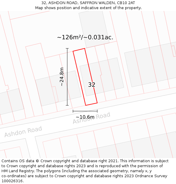 32, ASHDON ROAD, SAFFRON WALDEN, CB10 2AT: Plot and title map