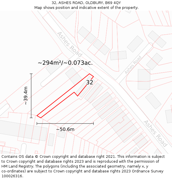 32, ASHES ROAD, OLDBURY, B69 4QY: Plot and title map