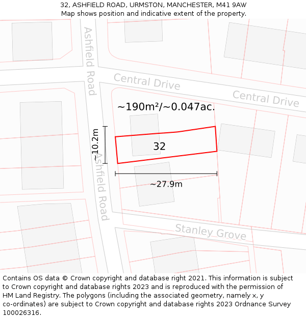 32, ASHFIELD ROAD, URMSTON, MANCHESTER, M41 9AW: Plot and title map
