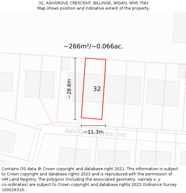 32, ASHGROVE CRESCENT, BILLINGE, WIGAN, WN5 7NH: Plot and title map