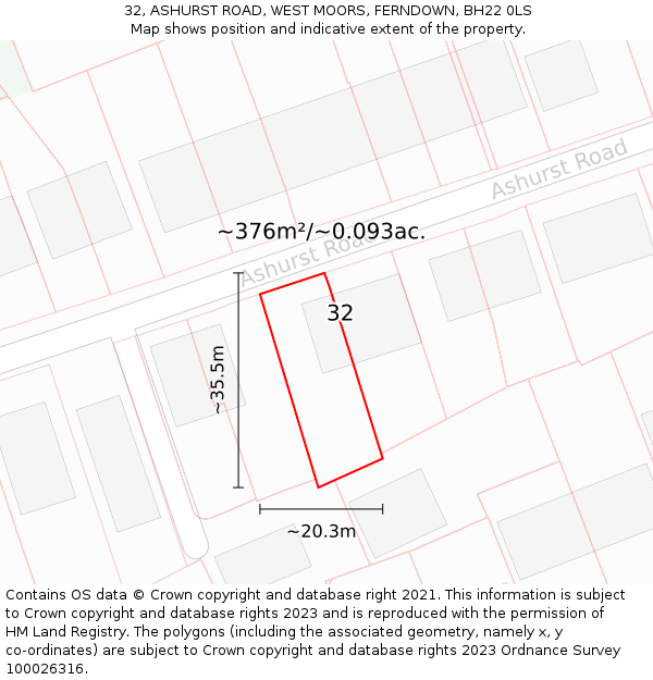 32, ASHURST ROAD, WEST MOORS, FERNDOWN, BH22 0LS: Plot and title map