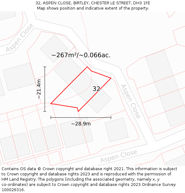 32, ASPEN CLOSE, BIRTLEY, CHESTER LE STREET, DH3 1FE: Plot and title map