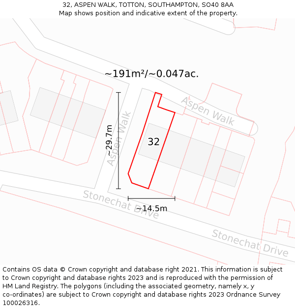 32, ASPEN WALK, TOTTON, SOUTHAMPTON, SO40 8AA: Plot and title map