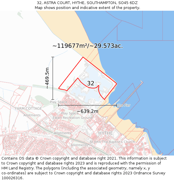 32, ASTRA COURT, HYTHE, SOUTHAMPTON, SO45 6DZ: Plot and title map