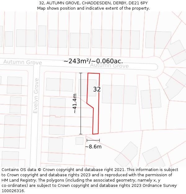 32, AUTUMN GROVE, CHADDESDEN, DERBY, DE21 6PY: Plot and title map