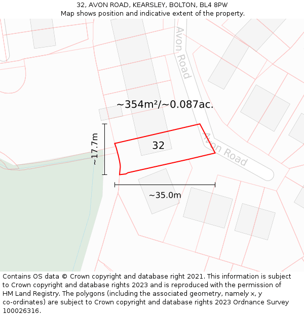 32, AVON ROAD, KEARSLEY, BOLTON, BL4 8PW: Plot and title map