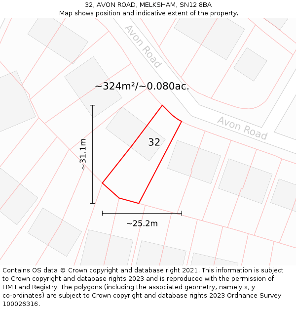 32, AVON ROAD, MELKSHAM, SN12 8BA: Plot and title map
