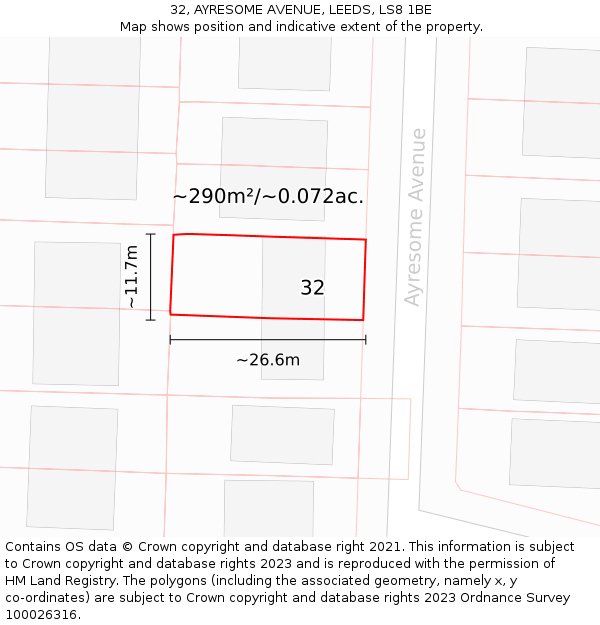 32, AYRESOME AVENUE, LEEDS, LS8 1BE: Plot and title map