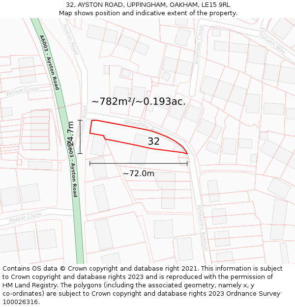 32, AYSTON ROAD, UPPINGHAM, OAKHAM, LE15 9RL: Plot and title map