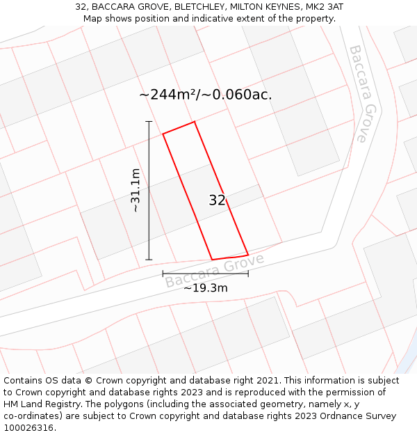32, BACCARA GROVE, BLETCHLEY, MILTON KEYNES, MK2 3AT: Plot and title map