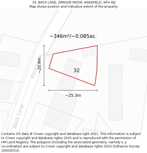 32, BACK LANE, GRANGE MOOR, WAKEFIELD, WF4 4EJ: Plot and title map