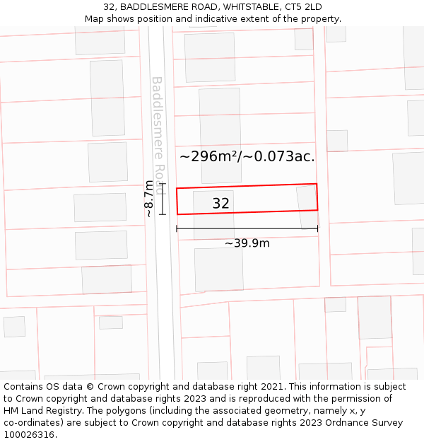 32, BADDLESMERE ROAD, WHITSTABLE, CT5 2LD: Plot and title map