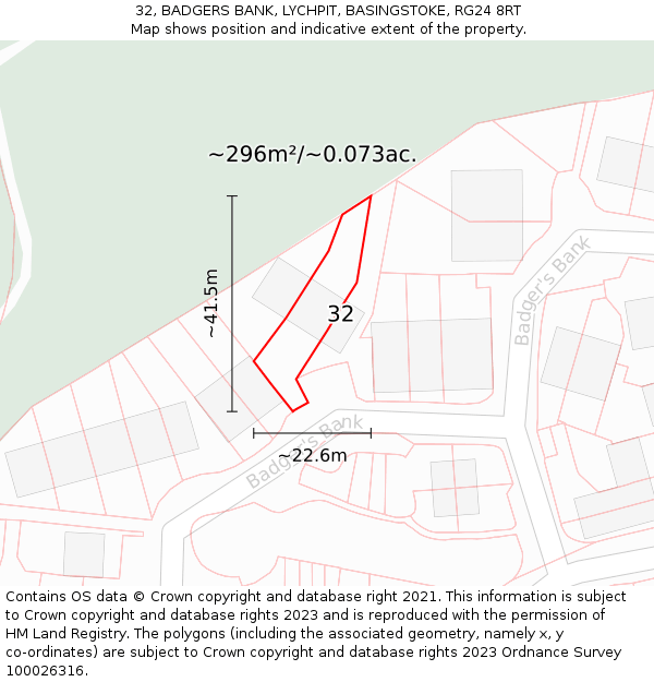 32, BADGERS BANK, LYCHPIT, BASINGSTOKE, RG24 8RT: Plot and title map