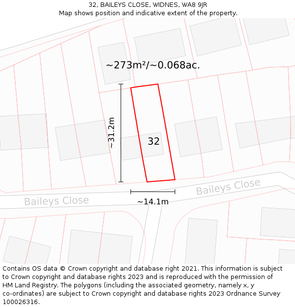 32, BAILEYS CLOSE, WIDNES, WA8 9JR: Plot and title map