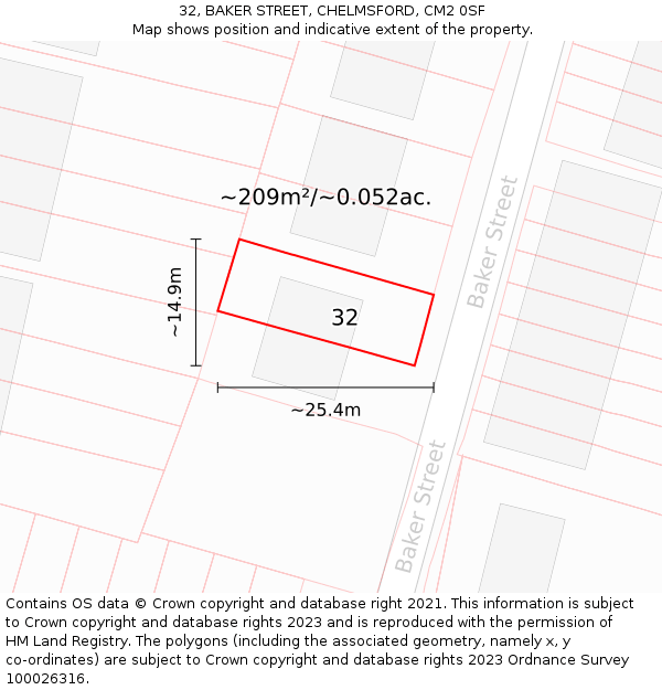 32, BAKER STREET, CHELMSFORD, CM2 0SF: Plot and title map